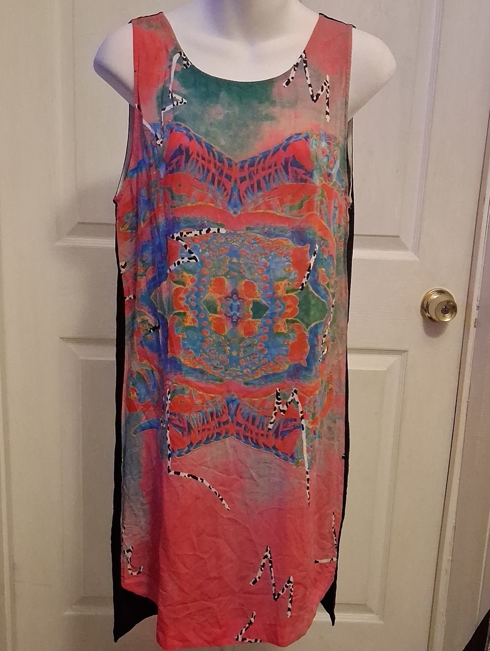 Something Else By Natalie Wood Coral and Teal Sleeveless Printed Shift Dress